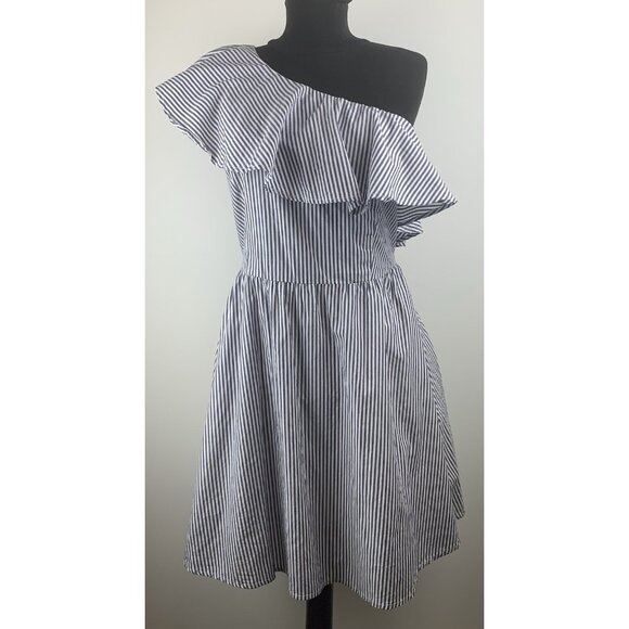 J.O.A LA One Shoulder‎ Blue/White Ruffled Neckline Fit & Flare Mini Dress Sz M - Picture 1 of 16